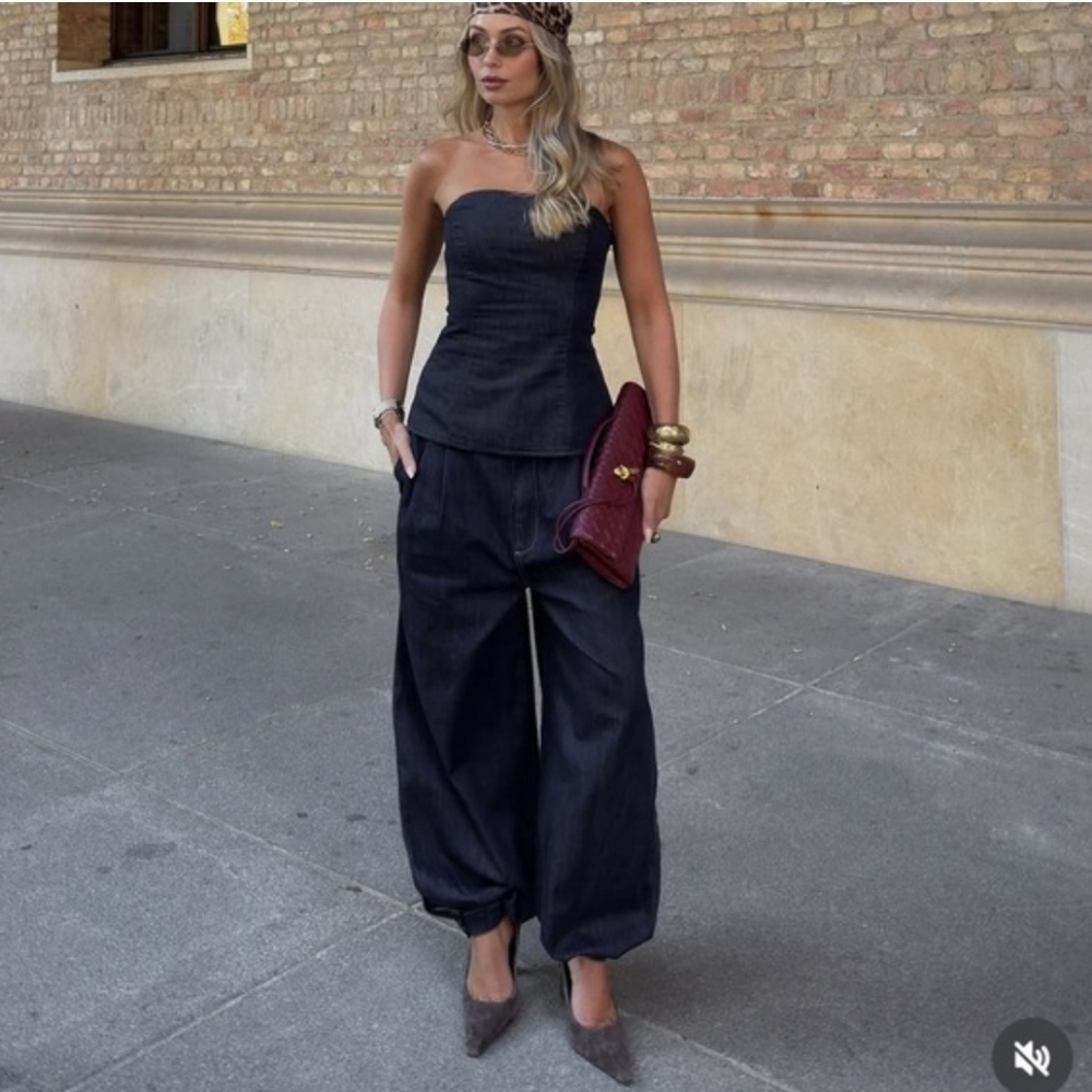 Zara Dark Navy Wide-Leg Pleated Pant and Strapless Shirt Set